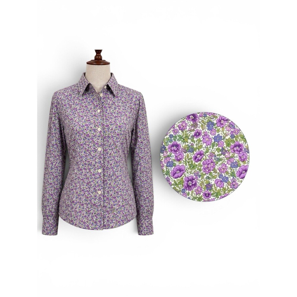 Chaps No Iron Blouse Dainty Purple Floral Cotton Top Contrast‎ Flip Cuffs 2X